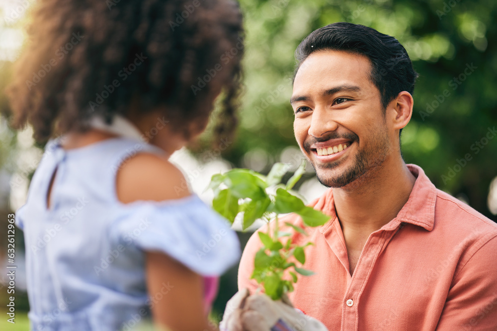 Garden plants, face and happy family, father or child listening to Earth Day advice, new tree life c