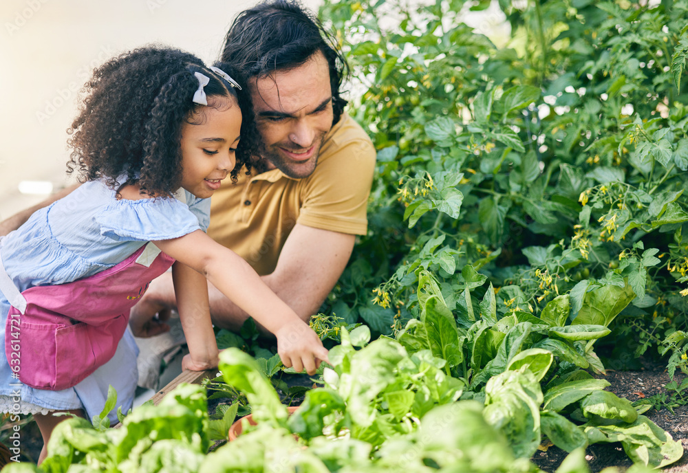 Gardening, dad and child in backyard with plants, teaching and learning with growth and nature. Smal