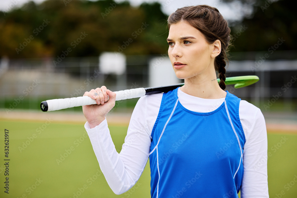 Field hockey woman, thinking and sport with vision, ideas and goals for career, competition and stic