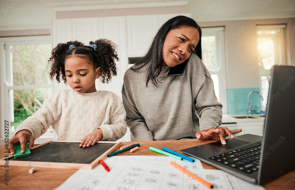 Working from home, child and mother on phone call and learning or writing homework at a table. A bus