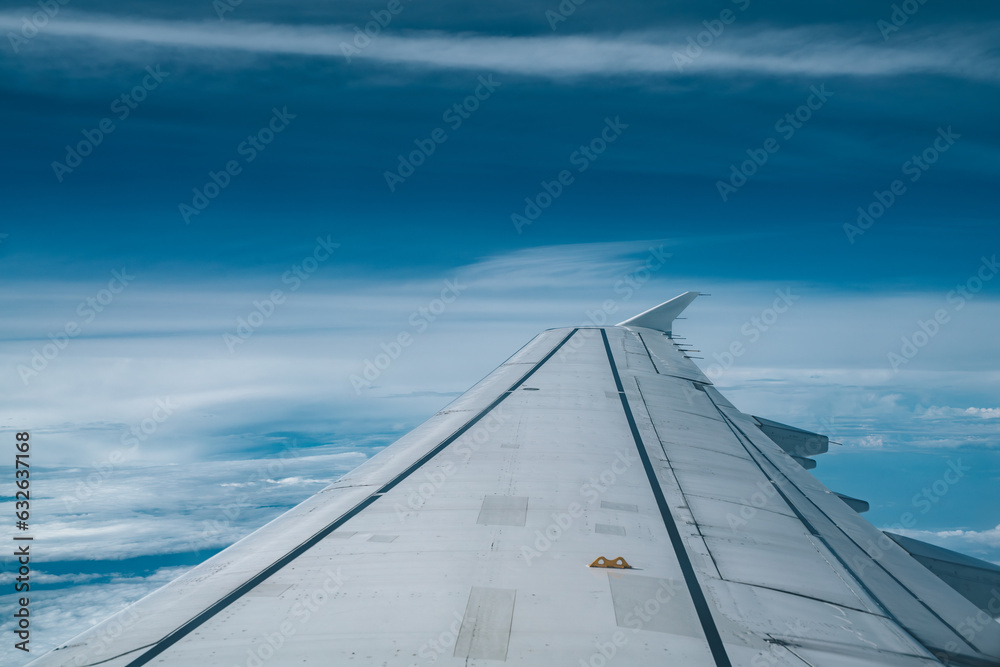 Airplane wing above the clouds during flight