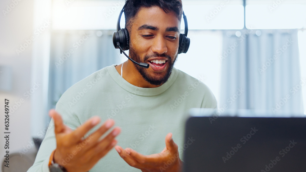 Video call, black man and work from home, virtual communication or remote client tech support in cal