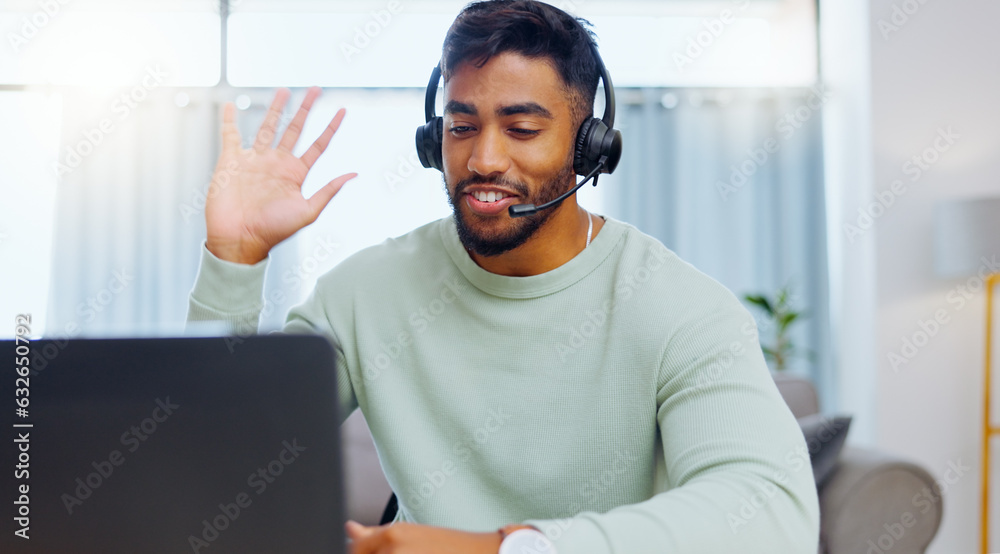 Video call, black man and work from home, virtual communication or remote client tech support in cal