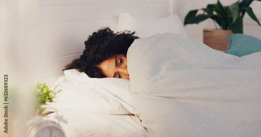 Woman, bed and insomnia anxiety or restless for sleep or rest in home bedroom with fatigue or stress