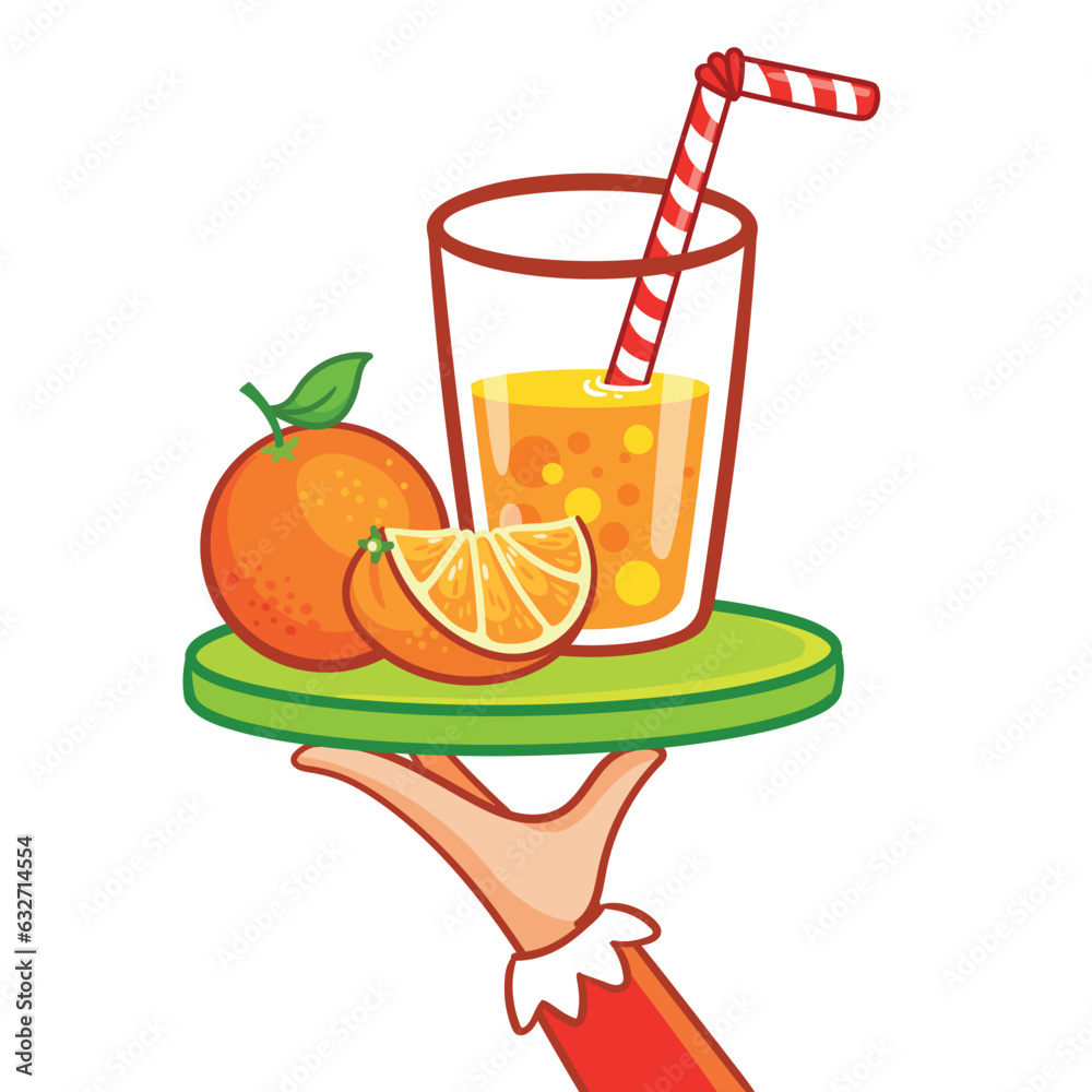 Hand holds a tray with an orange and a glass of juice on a white background. Vector illustration wit