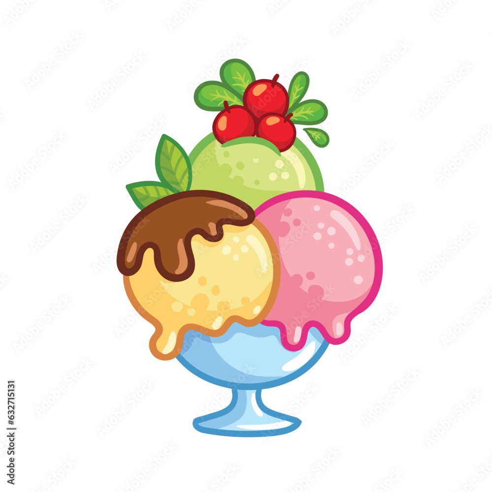 Dessert with balls of ice cream of different colors on a white background. Vector illustration with 