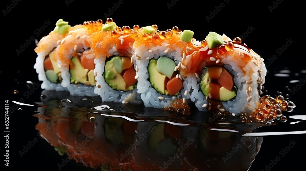 Sushi roll with sushi sauce falling on a black background