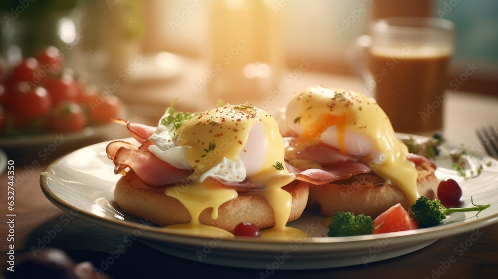 Eggs benedict with ham and shaved ham