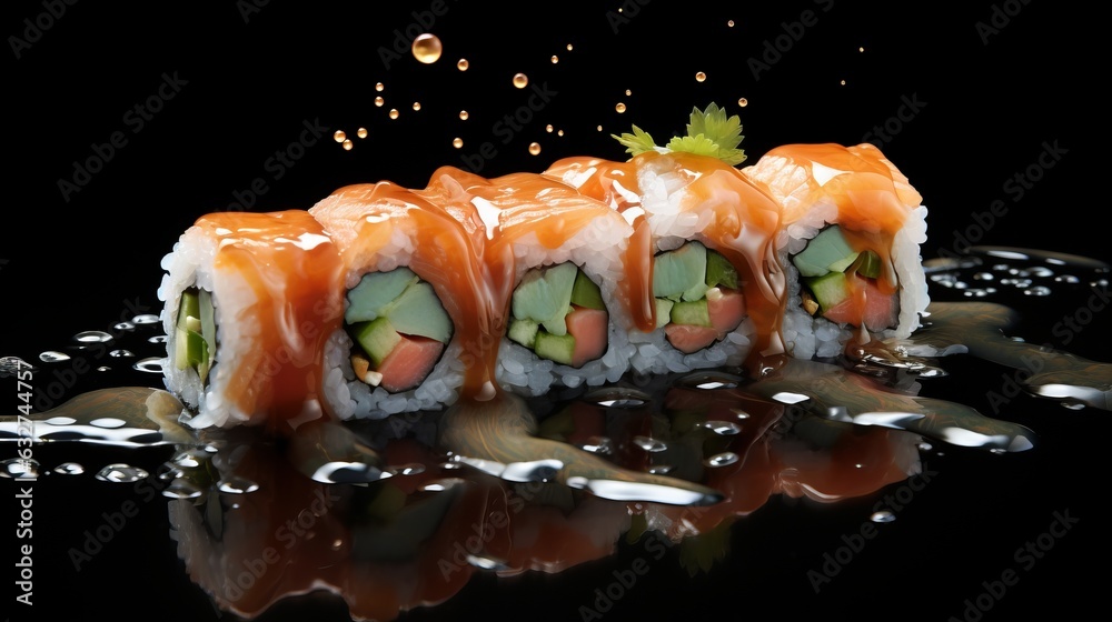 Sushi roll with sushi sauce falling on a black background