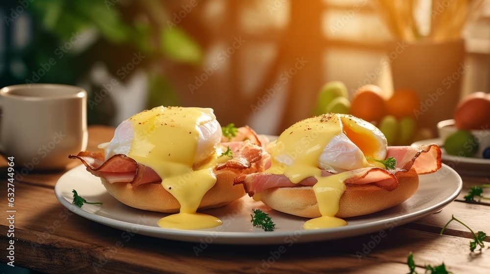 Eggs benedict with ham and shaved ham