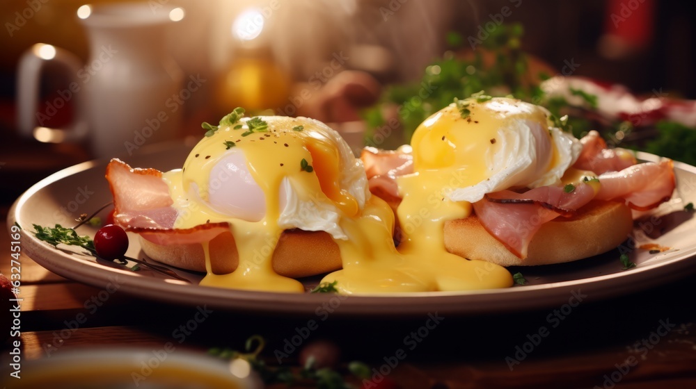 Eggs benedict with ham and shaved ham