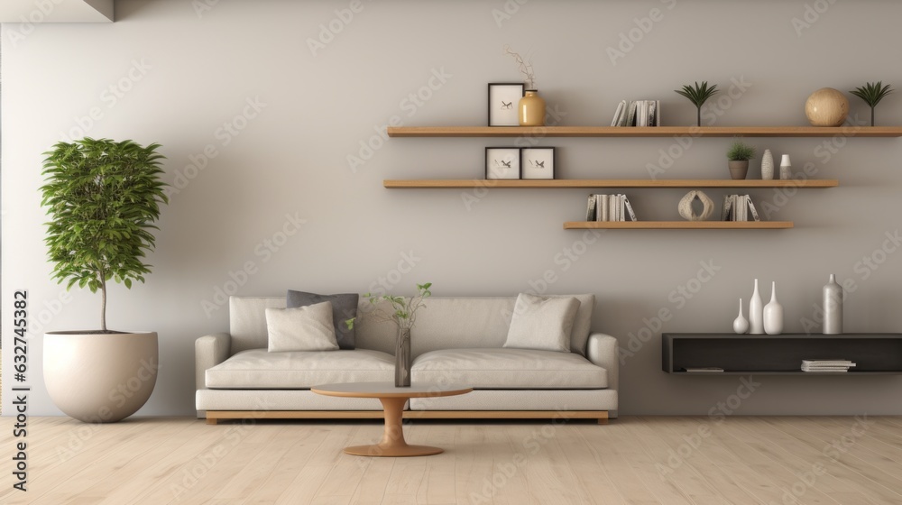 Simple living room with grey couches and wall shelves