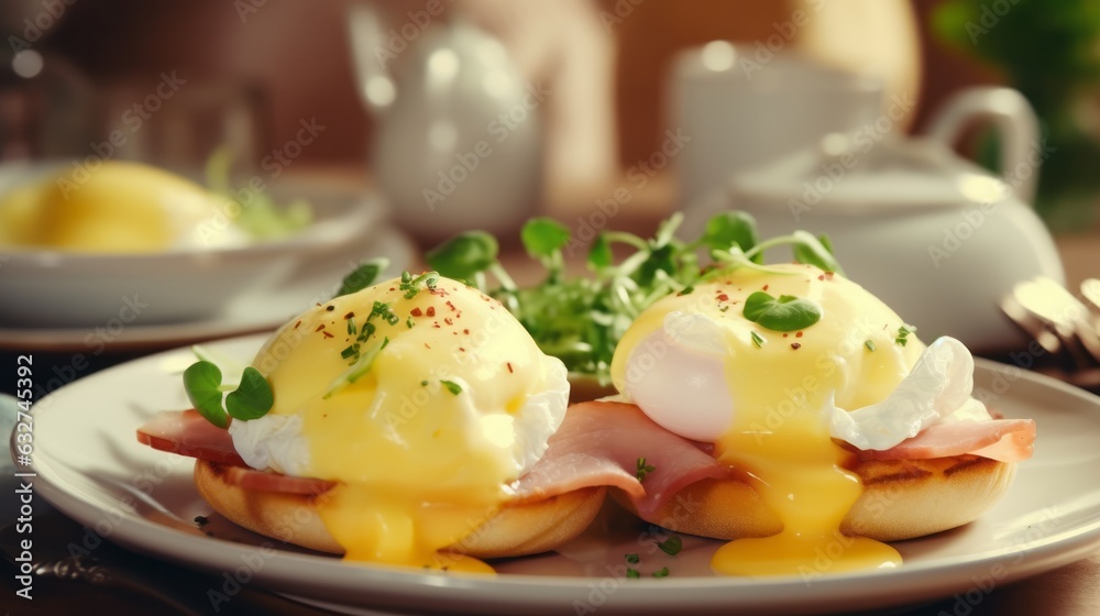 Eggs benedict with ham and shaved ham