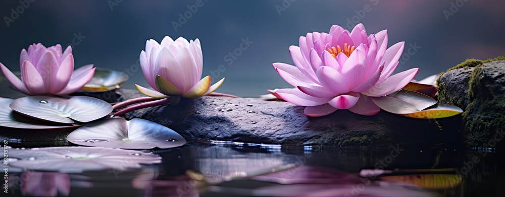 Lake with beautiful water lilies and rocks