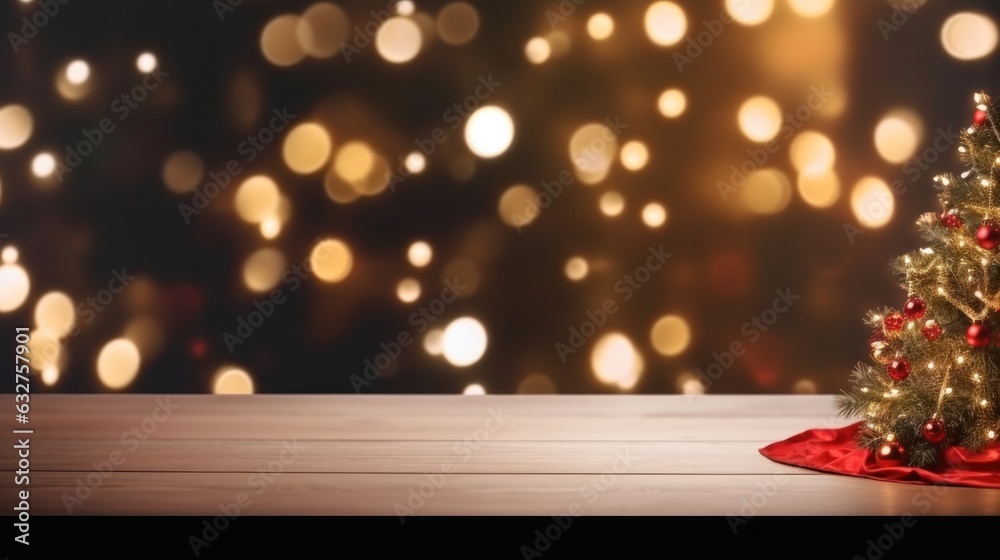 Christmas table background with christmas lights on tabletop