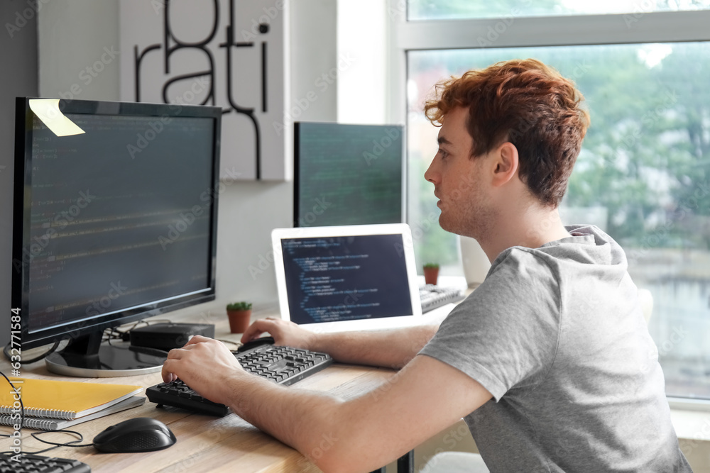 Male programmer working with computer at table in office