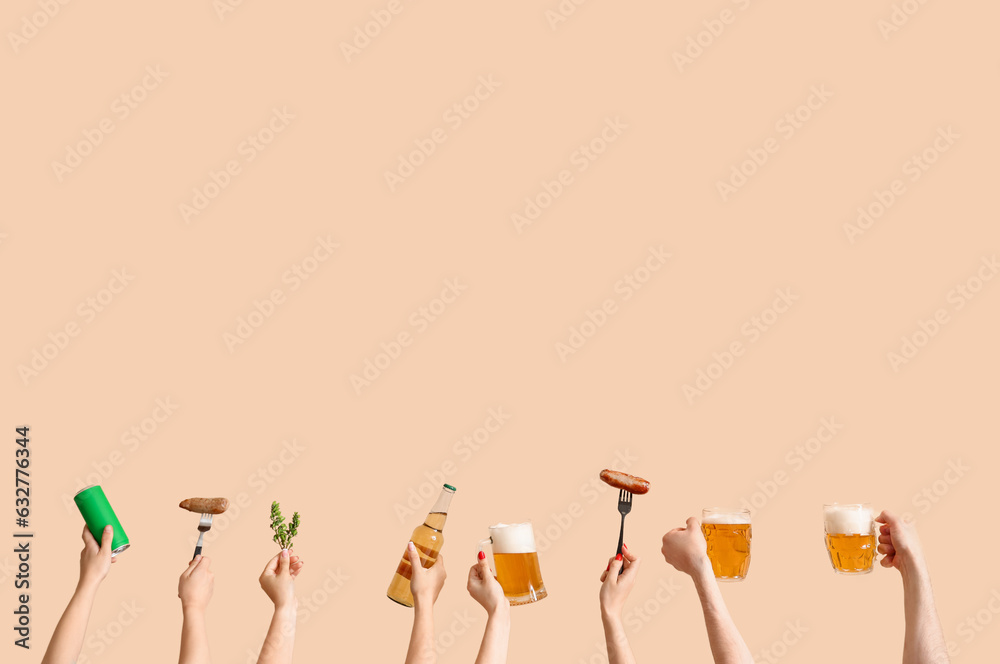 People with beer and sausages on beige background