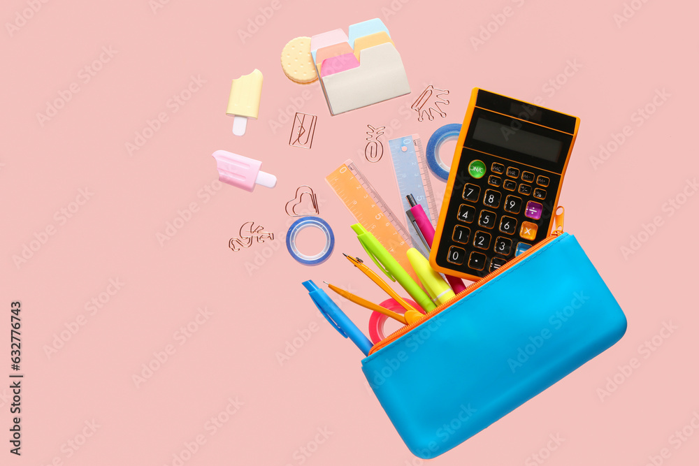 Bright pencil case with different stationery flying on pink background