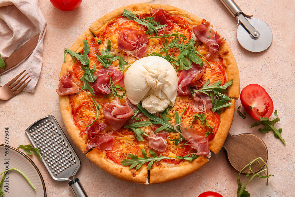 Wooden board of tasty pizza with Burrata cheese on beige background