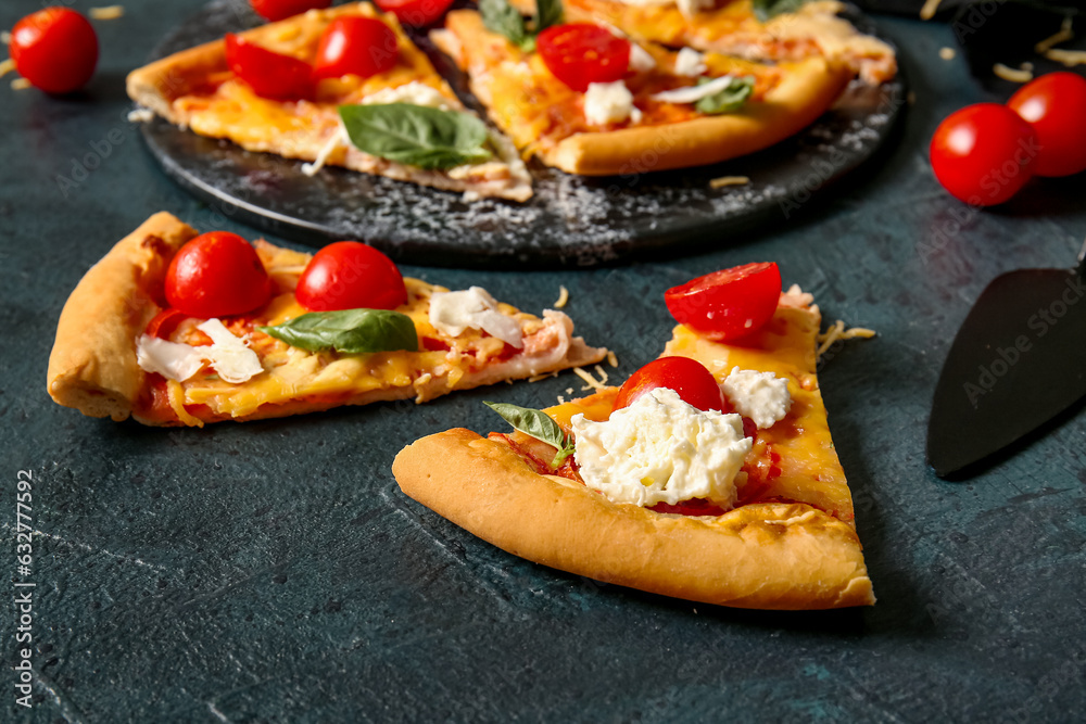 Slices of tasty pizza with Burrata cheese on black background