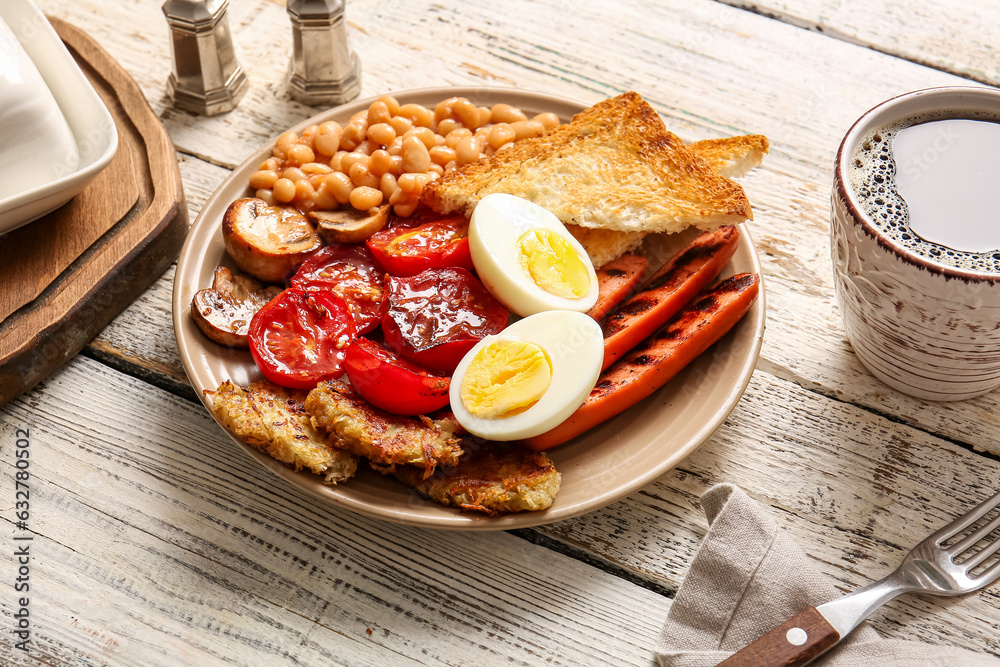 Plate with tasty English breakfast and cup of coffee on light wooden background