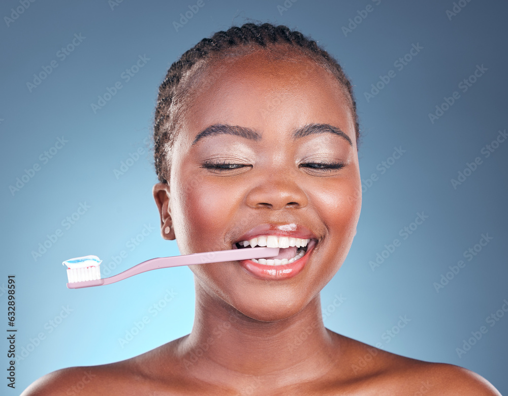 Happy black woman, toothbrush and teeth in dental cleaning or care against a studio background. Face