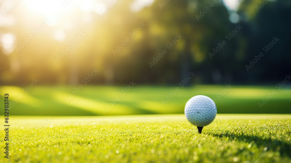 Close-up of golf ball on green grass of golf course, sunny day, blurred backdrop. Generative AI