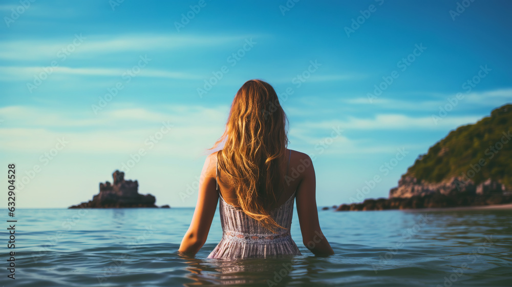 Woman meditating on the sea beach in lotus position. Generative AI