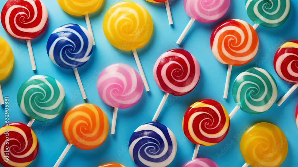 Colorful lollipop candies background. Top view. Generative AI