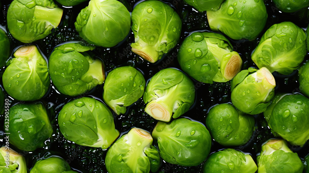 Fresh green brussels sprouts with water drops background. Vegetables backdrop. Generative AI