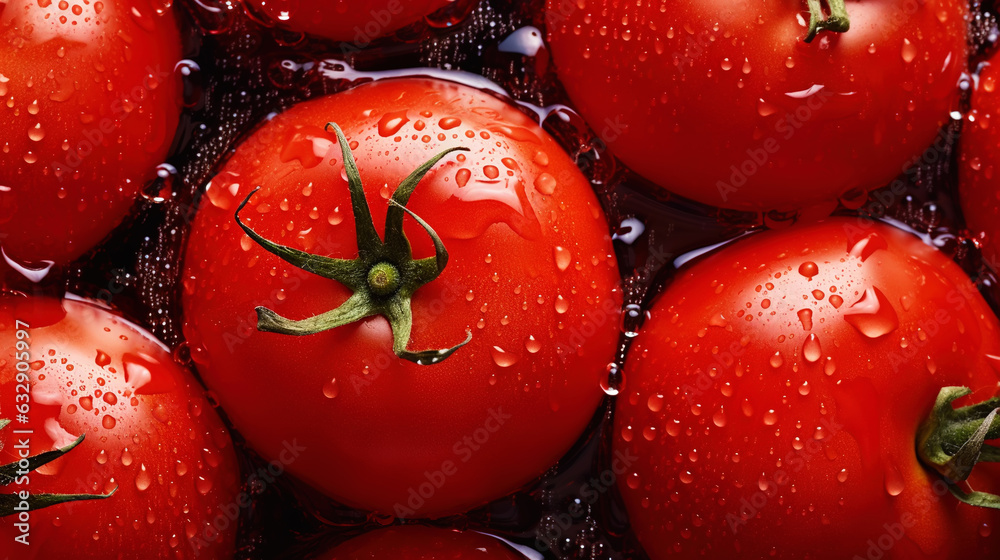 Fresh red tomatoes with water drops background. Vegetables backdrop. Generative AI