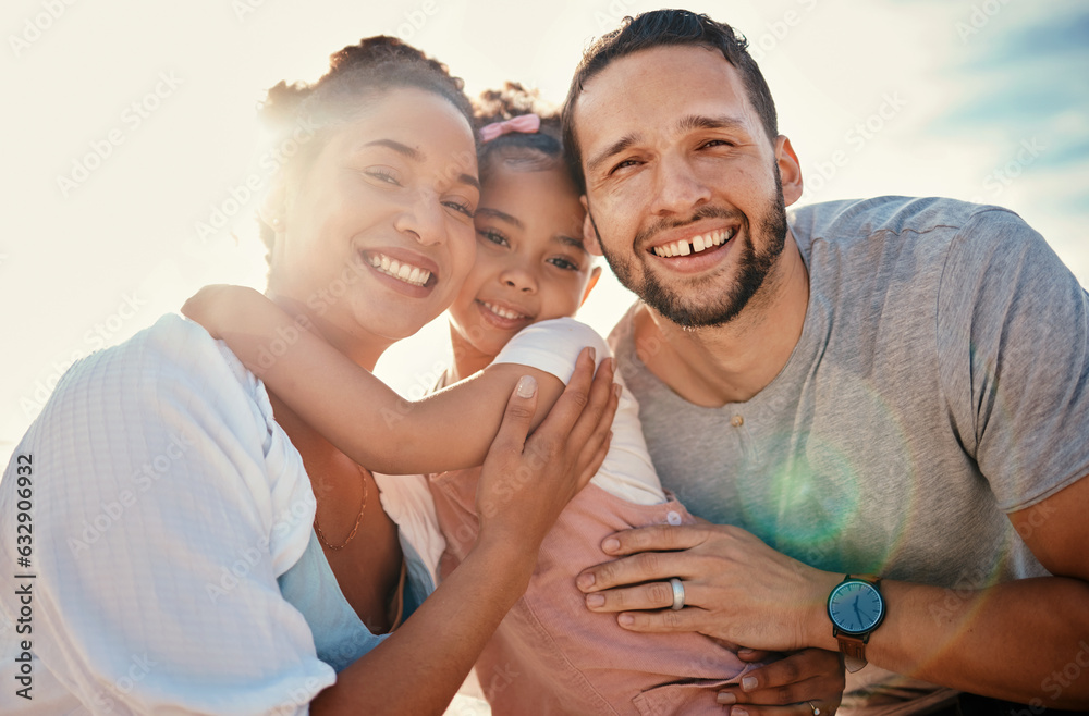 Hug, parents and child in portrait at beach, travel and bonding with sunshine, summer and family tog