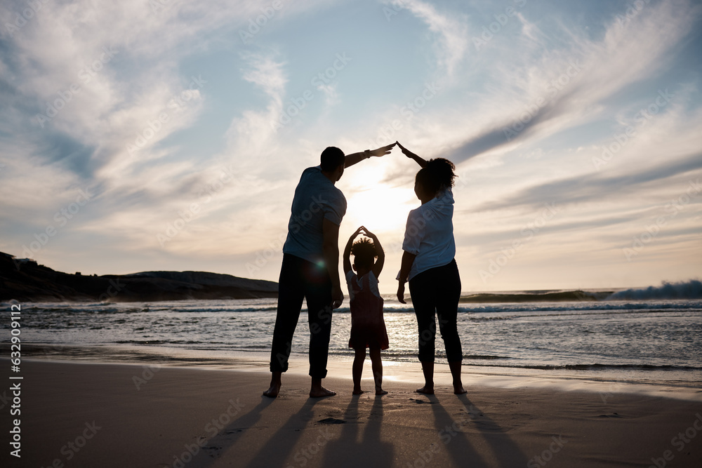 Beach, protection and safety, family and silhouette, parents and kid with back view, travel and soli