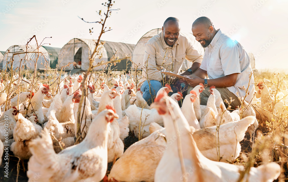 People, agriculture checklist and chicken in sustainability farming, eco friendly or free range indu