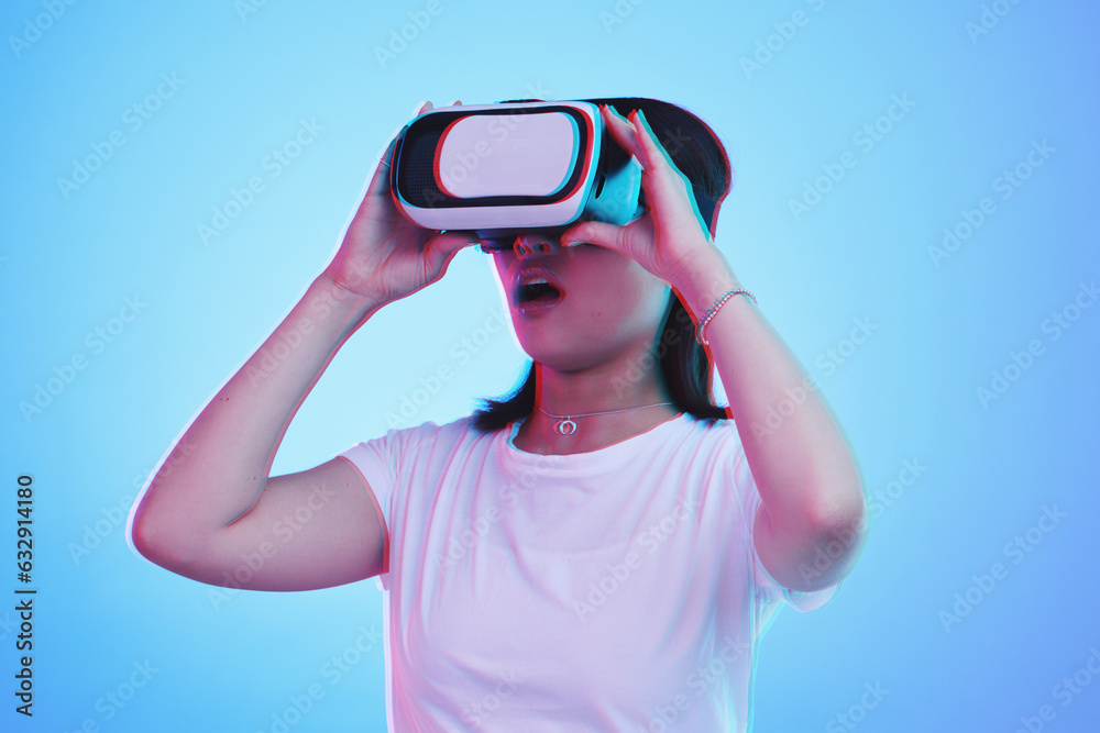 Woman, VR and glasses with wow in futuristic experience, 3d games and gen z education or digital e l