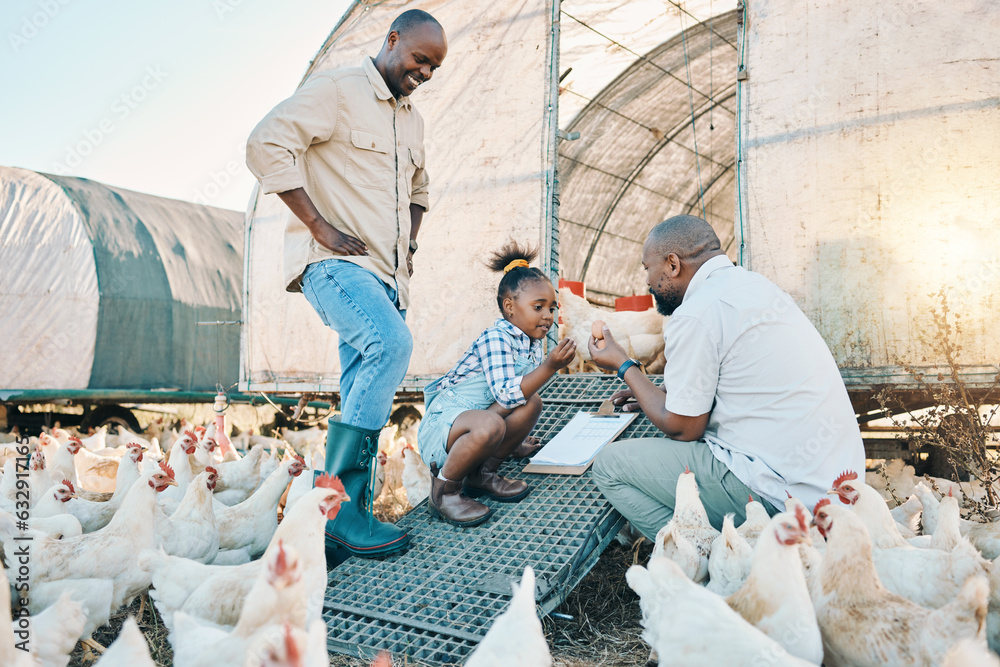 Egg, checklist and chicken with black family on farm for agriculture, environment and bonding. Relax