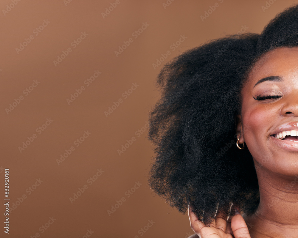 Mockup, closeup and black woman with hair care, smile or cosmetics on a brown studio background. Hal