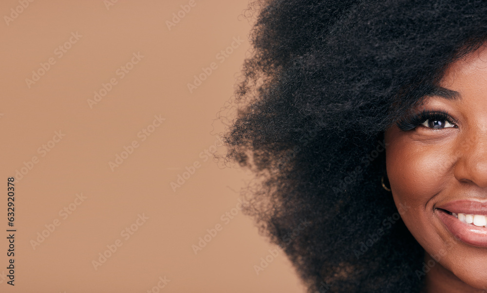 Portrait, hair and mockup with a model black woman in studio on a brown background for natural cosme