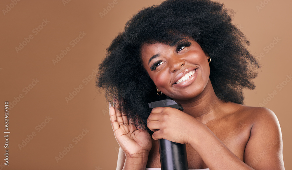 Thinking, hair and spray with a model black woman in studio on a brown background for natural cosmet