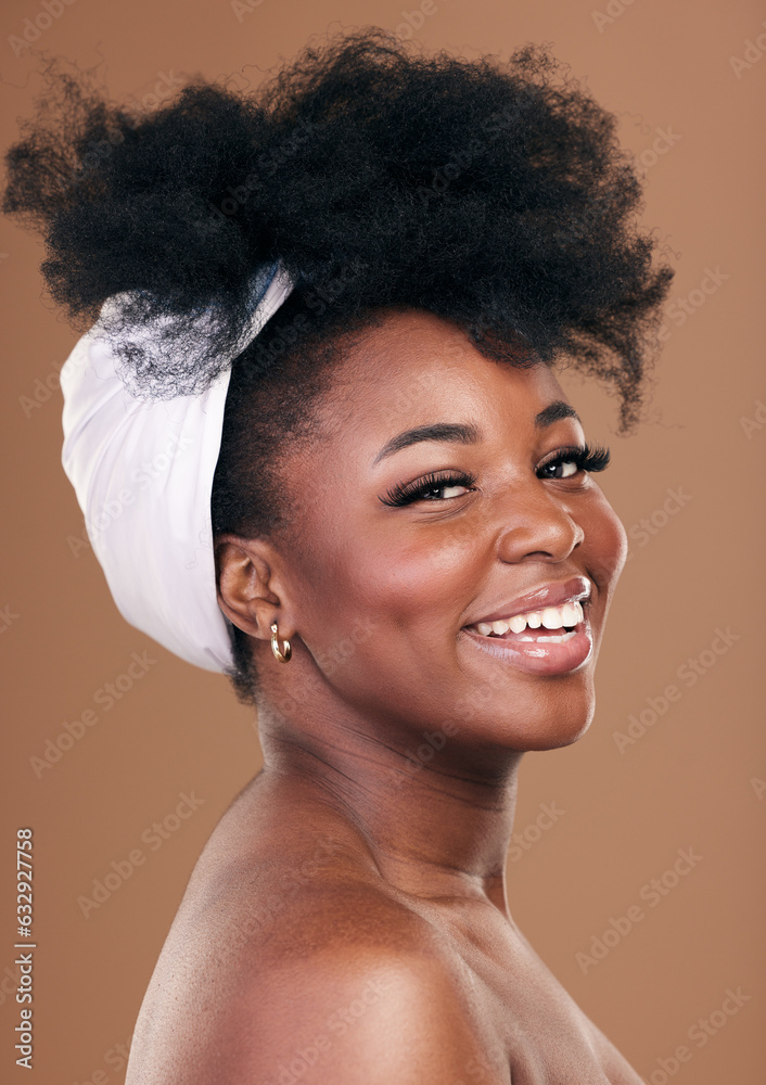 Hair, smile and beauty portrait of a model black woman in studio on a brown background for natural c