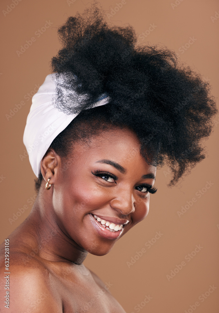 Portrait, hair and smile for beauty with a black woman in studio on a brown background for natural c