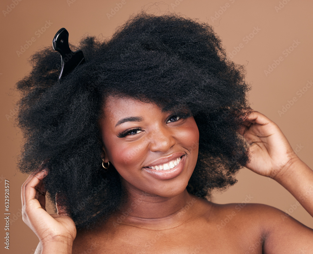 Portrait, hair and comb for beauty with a black woman in studio on a brown background for natural co