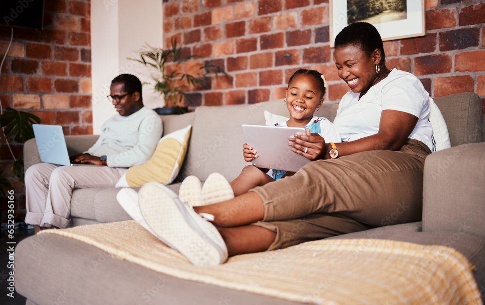 Relax, smile and tablet with black family on sofa for technology, learning and social media. Streami