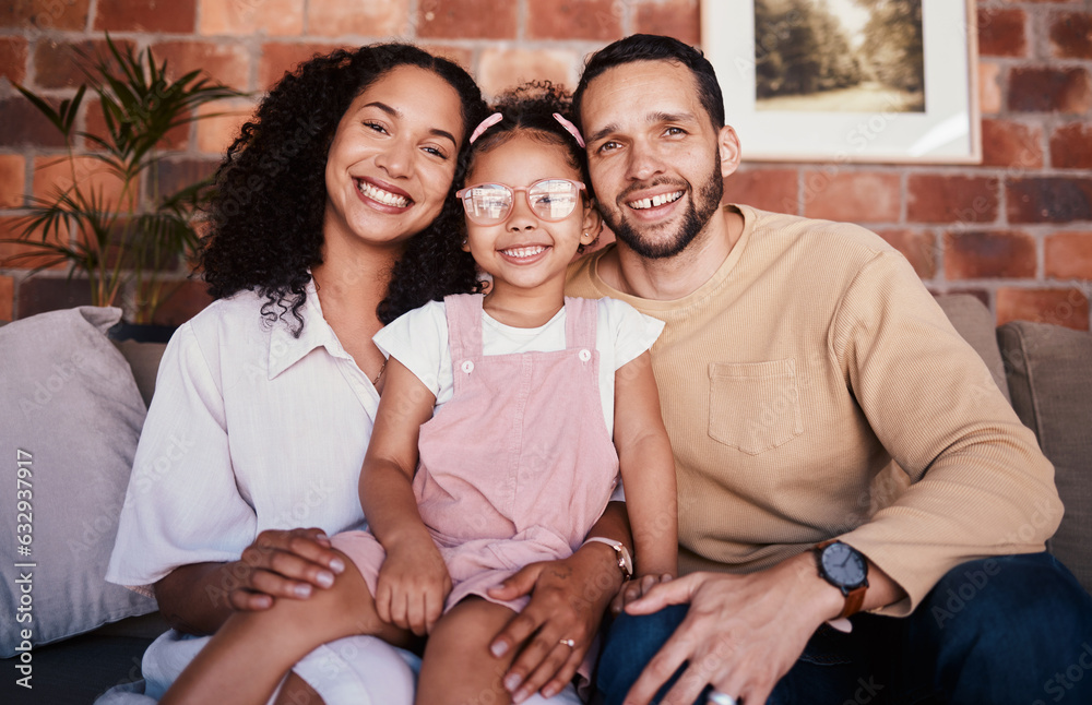 Portrait of family in home, parents and child on sofa with love, bonding and relax in living room. M