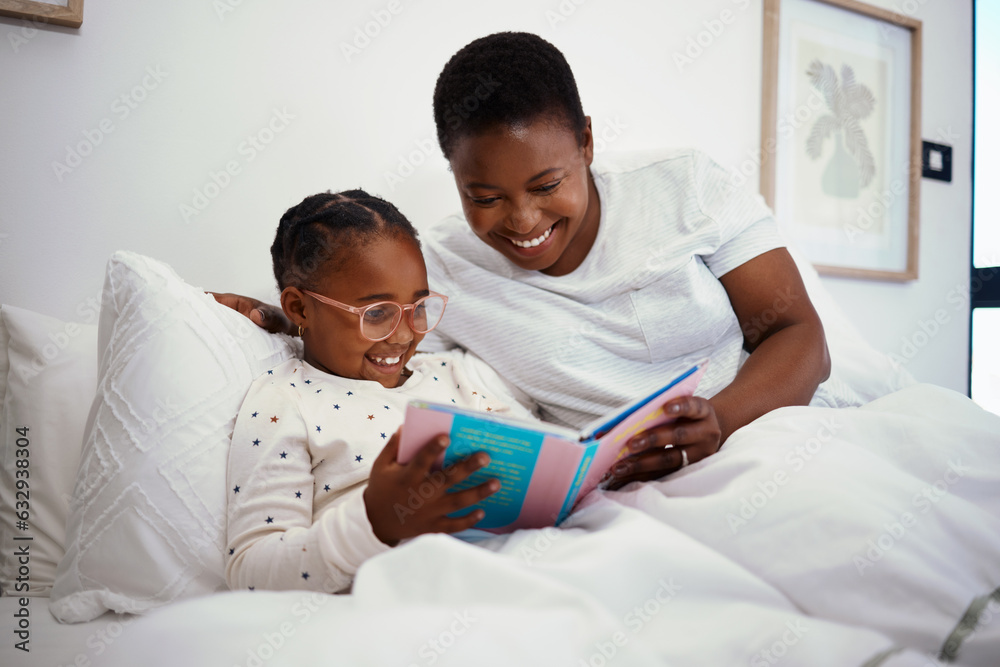 Relax, storytelling and book with mother and daughter in bedroom for education, fantasy and bedtime.