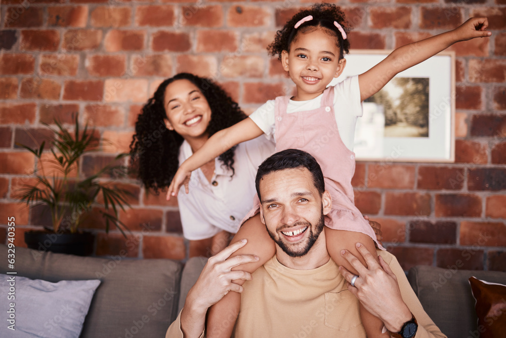 Portrait of happy family in home, parents and kid on sofa with piggy back, bonding and relax in loun