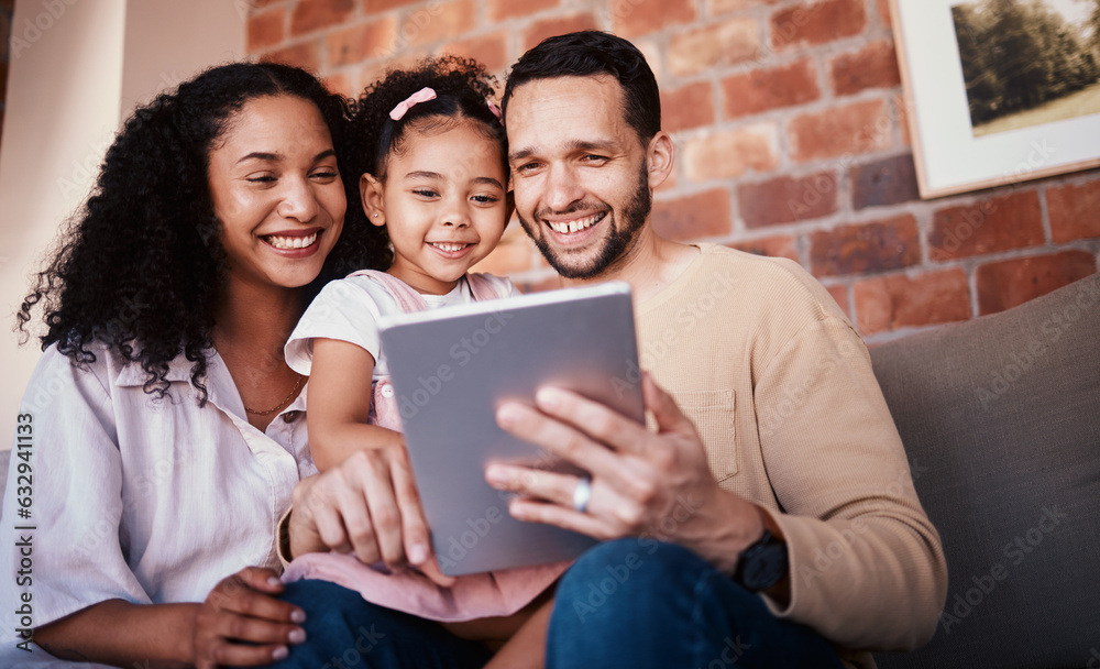 Family, tablet and internet on home sofa for e learning, education and time together. A happy man, w