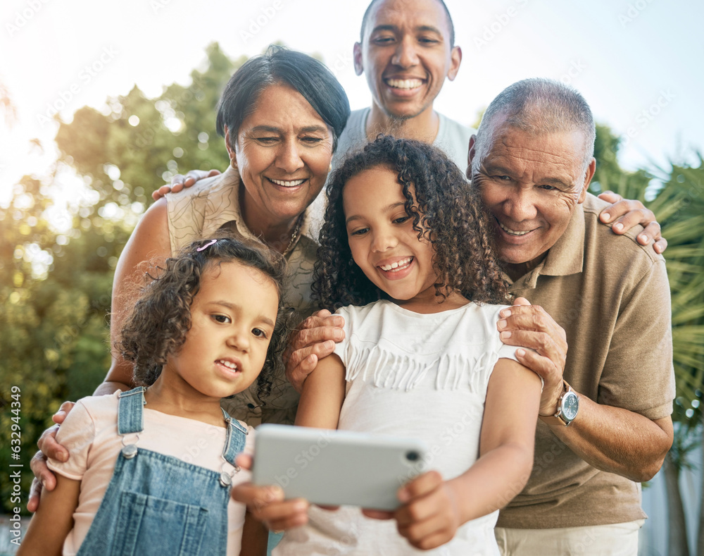 Grandparents, girl and garden selfie with family, outdoor and smile with dad, post and social networ