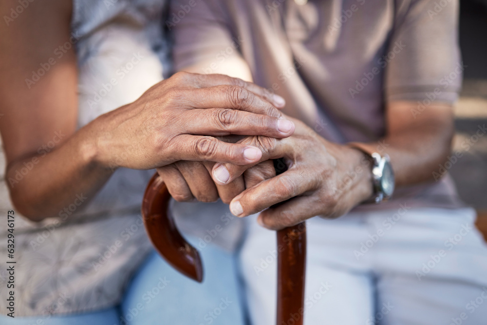 Senior couple, hands and cane in support, retirement and solidarity in marriage. Walking stick, peop