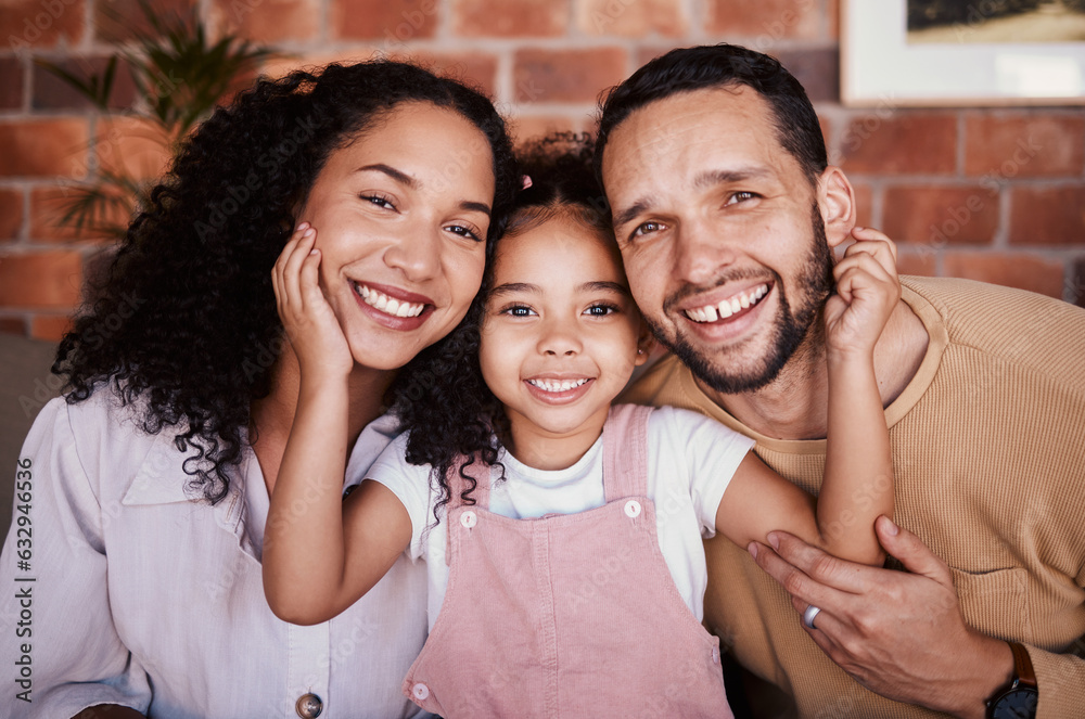 Portrait, happy and family with a smile on a home sofa for fun, bonding and time together. Face of a